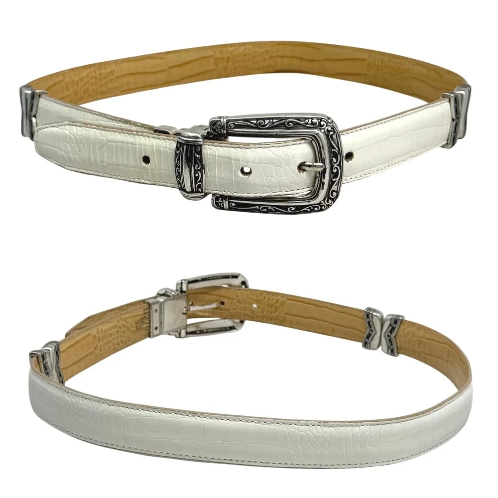 VTG Brighton‎ Reversible Belt 32 M/L White Tan Crocodile Embossed Leather Ornate